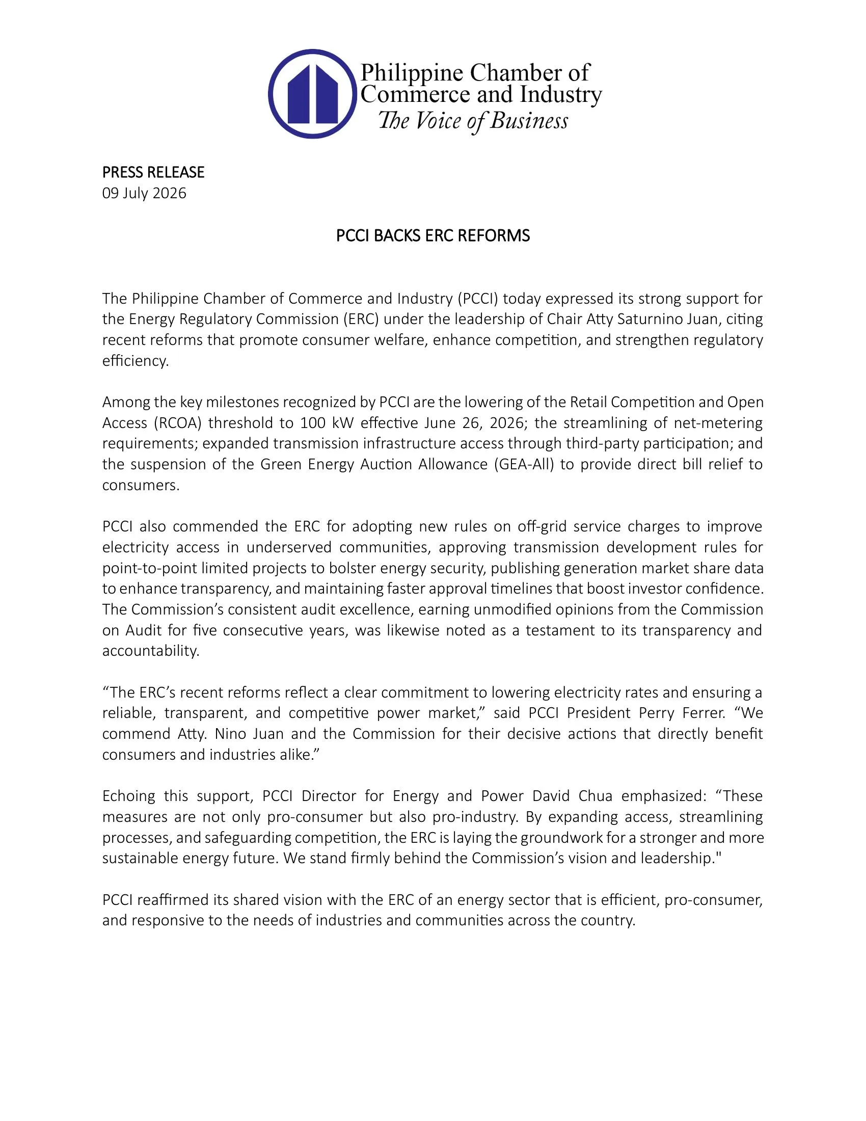 PRESS RELEASE JULY 09, 2026: PCCI BACKS ERC REFORMS