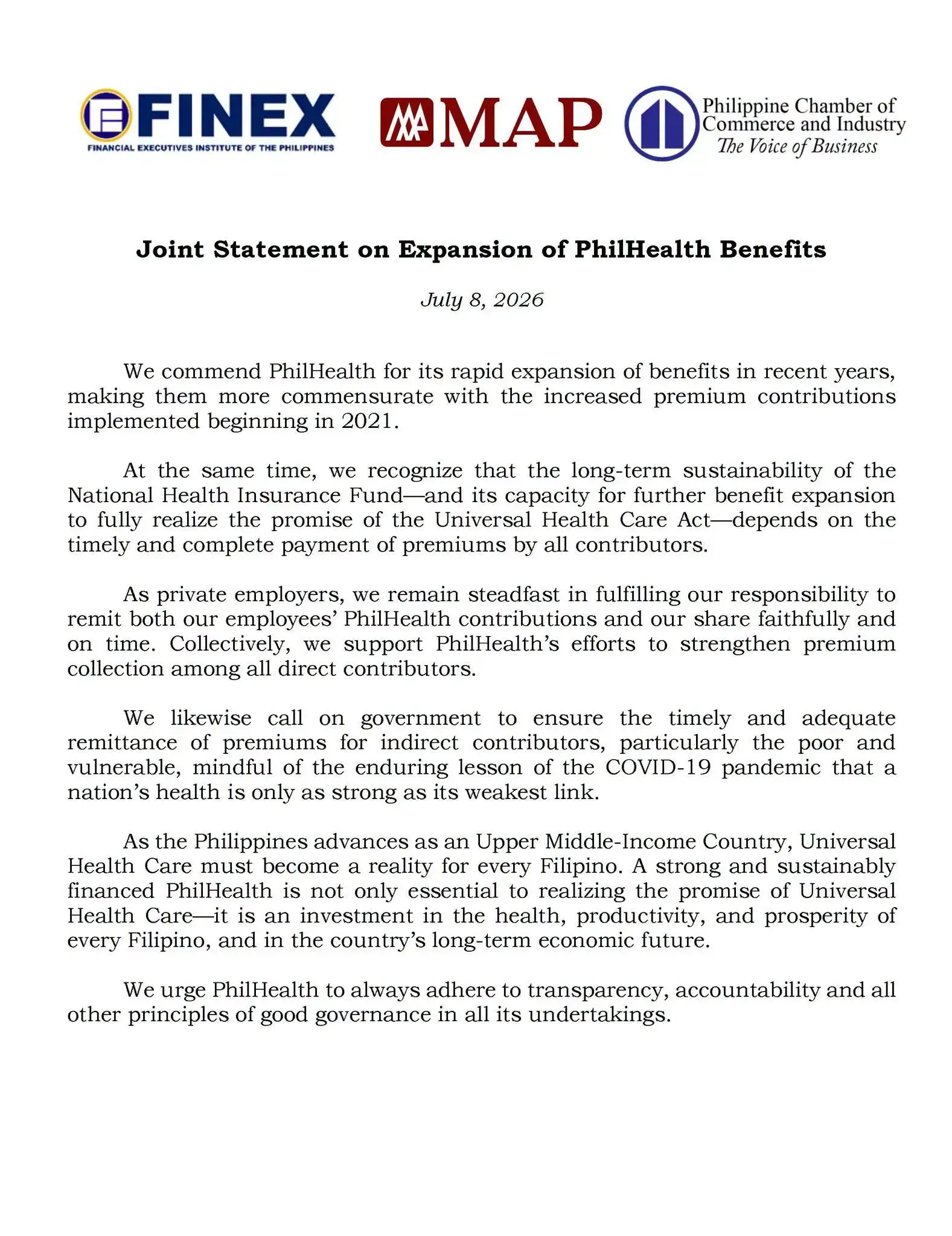 Joint Statement on Expansion of Philhealth Benefits